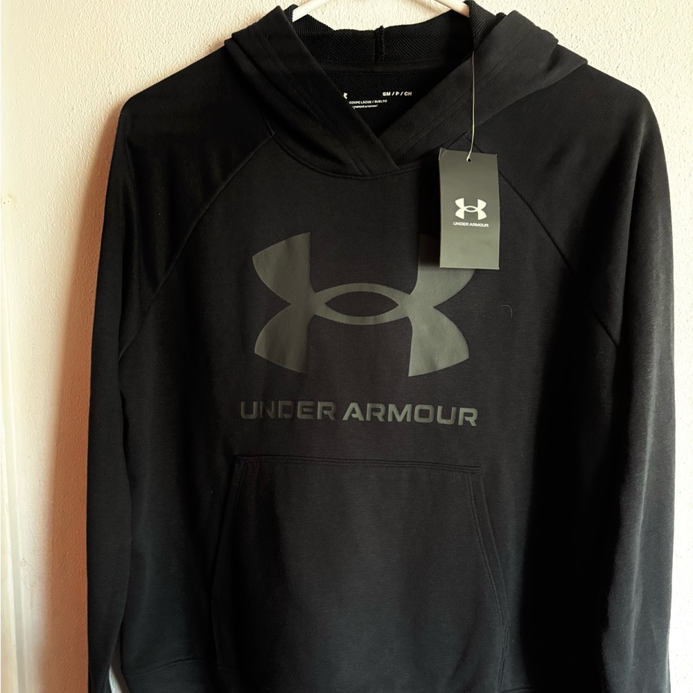 Women's Under Armour UV Terry Hoodie Pocket Logo Rival Black Size Small